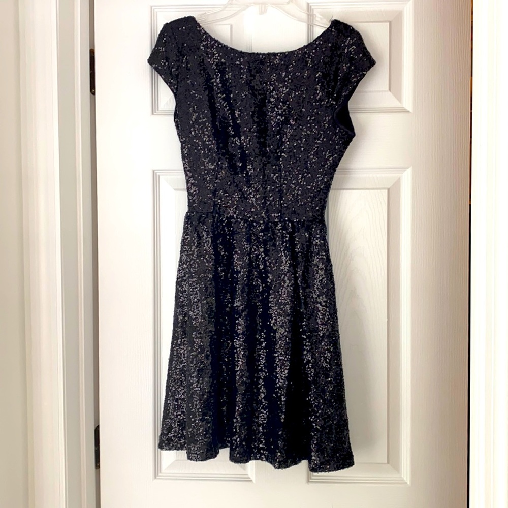 B Smart Black Sequin Cap Sleeve Fit Flare Dress